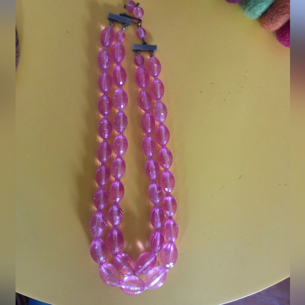 Vintage Pink Lucite Double-Strand Beaded Necklace